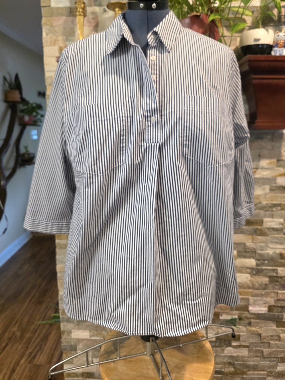 Ava & Viv Navy and White Striped Plus Size Button-Down Blouse